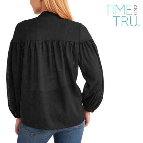 TIME AND TRU Women's Tie Neck‎ Button Down Top Long Sleeve V Neck Blouse - Picture 3 of 9